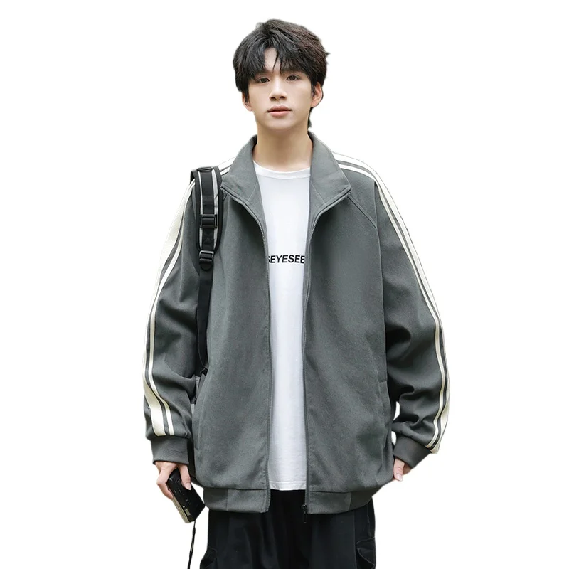 

Trendy Men's Jacket Spring-Autumn Loose-Fit Standing Collar Color-Blocking Casual Outerwear Comfortable Versatile Men's Top