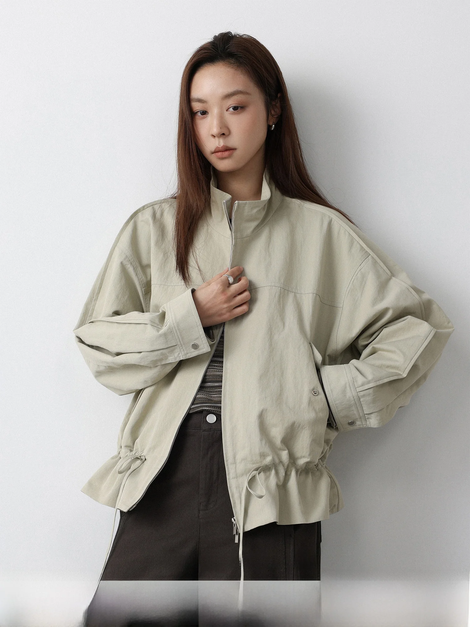 

Lowcalorie Roman Weekly Long Sleeve Stand Collar Jacket Drawstring Bottom Design Casual Style Women's Outerwear Spring Autumn