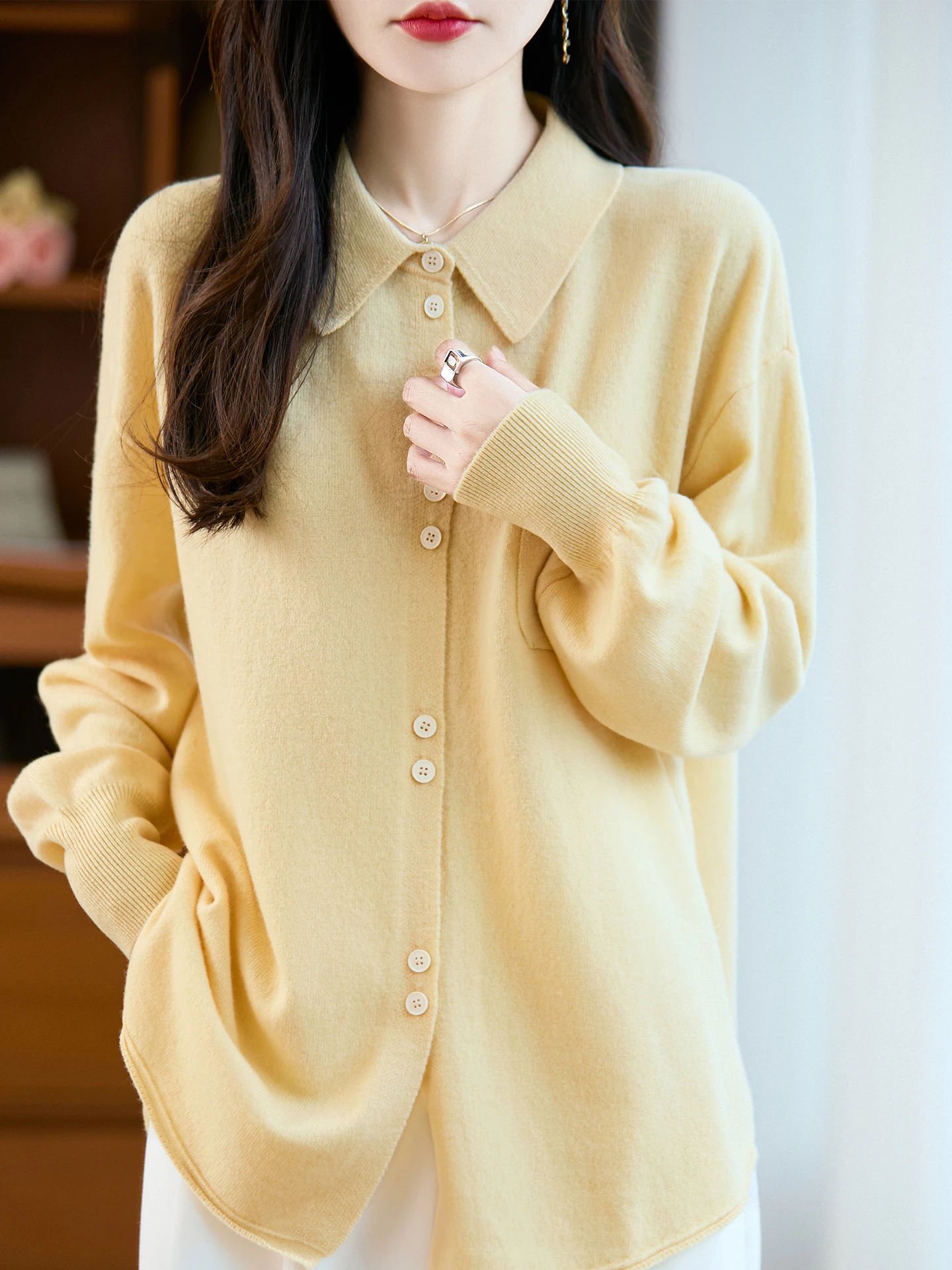 

Женская осенне-зимняя рубашка трапециевидной формы с воротником на одной пуговице, утолщенная рубашка из 100% мериносовой шерсти, кардиган с текстурой Marled, свободный крой большого размера