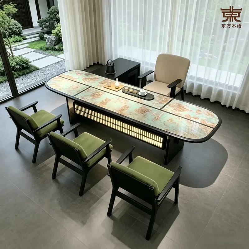 New Chinese Style Solid Wood Rock Slab Tea Table Song Aesthetics Zen Natural Luxury Stone Tenon Mortise Office Furniture 2026