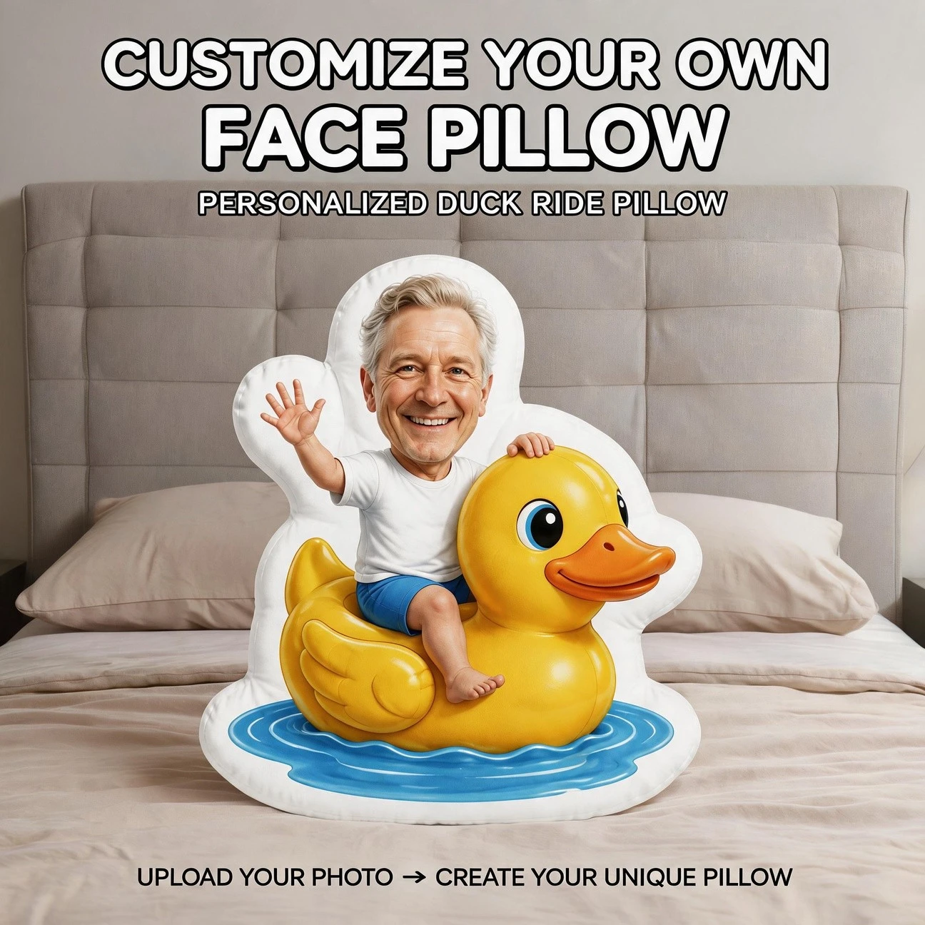 Custom Face Funny Shaped Pillow, Personalized Photo for Man Riding Yellow Duck Decorative Cushion, Unique Home Decor Accent for