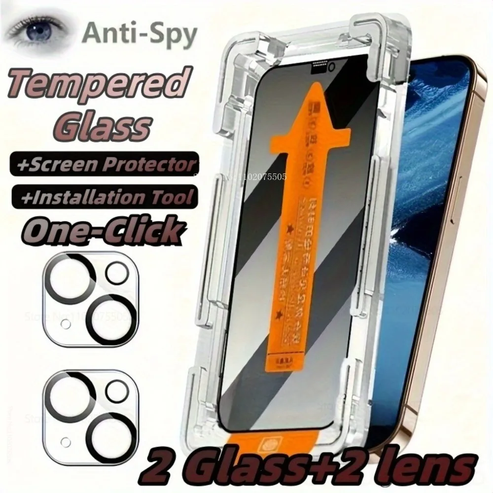 

2Pcs Dustproof and Anti-Spy Tempered Glass+2Pcs Camera Lens Protector for IPhone 15 Pro Max 16E 11 Pro 12Mini 13 Pro Max 14 Plus