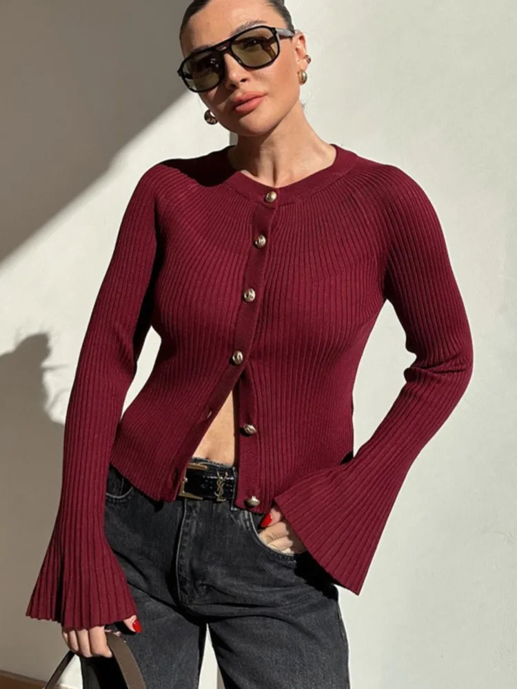 

New Autumn Winter Solid Ribbed Long Sleeve Slim Women Knitted Cardigan, Casual Lady Basic Cropped Sweater Tops, Fashion Knitwear
