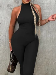 Summer Sleeveless Black Jumpsuits Women Turtleneck Sexy Backless Bodycon Streetwear Jumpsuits Club Casual Skinny Sports Rompers