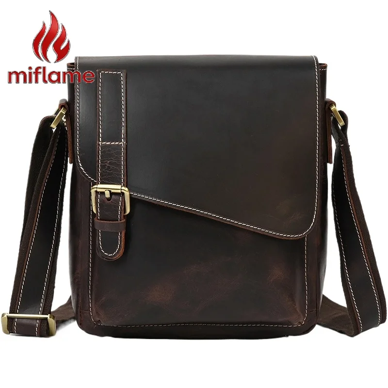 

Men's Crazy Horse Leather Crossbody Bag Vintage Flap Shoulder Messenger Satchel