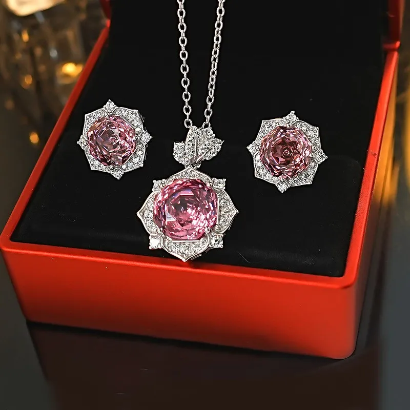Rose Shape Pink Quartz Diamonds Gemstones Earrings for Women Romantic Dinner Party Fine Jewelry Sets Wedding Accessories Gifts