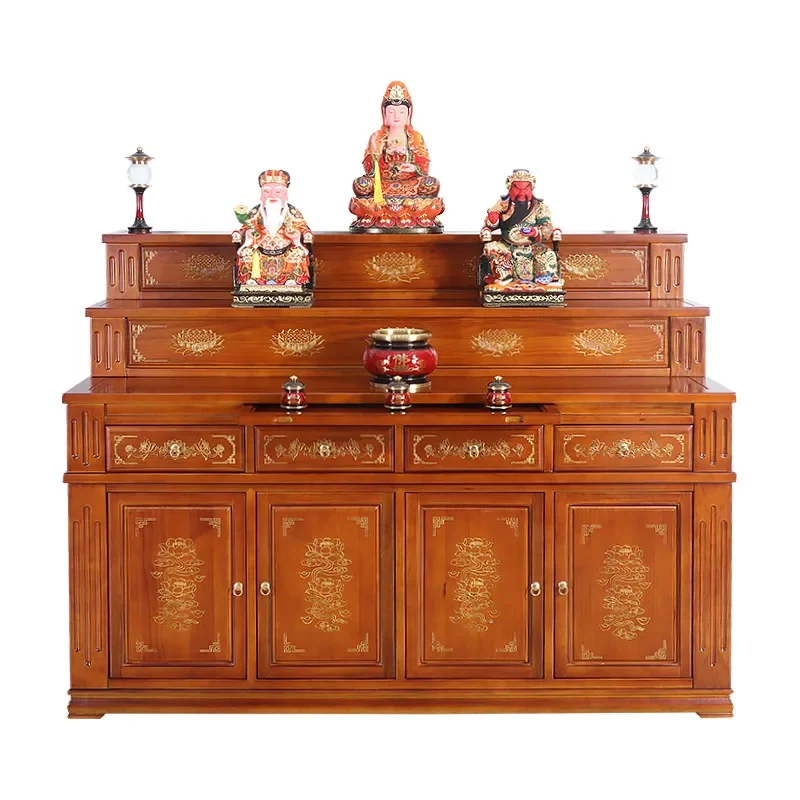 All solid wood table incense table household Tibetan three-layer shrine cabinet Buddhist table new Chinese casket