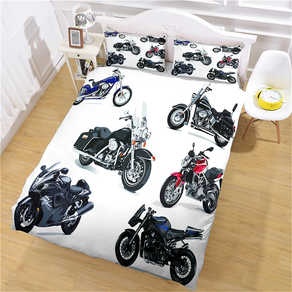 HUANZHUANG Duvet Cover King Size 2 Pillow Shams 3D Red Motorbike 3 Piece Microfiber Duvet Cover with Zipper Closure Comforter