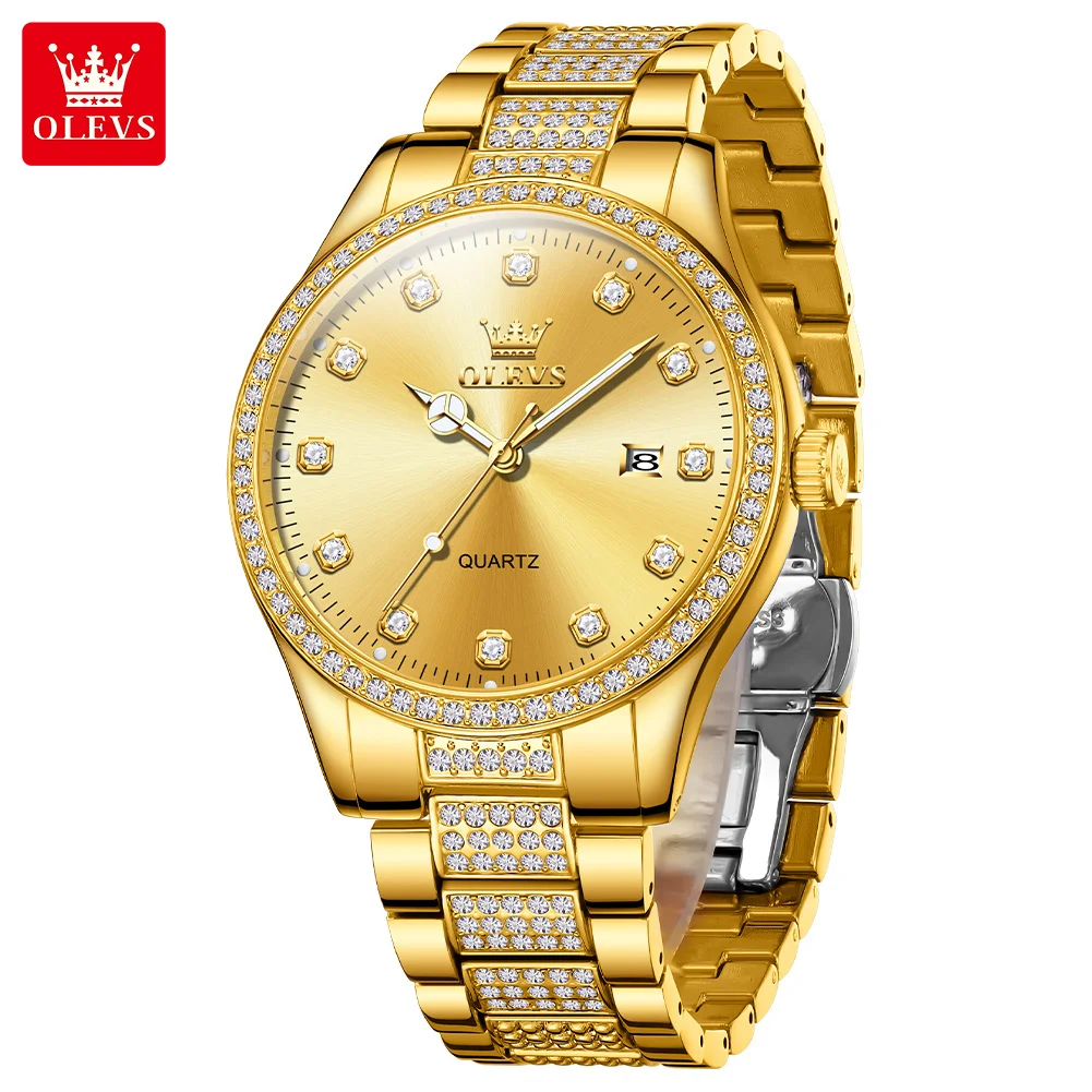 OLEVS Rhinestones Elegant Man Gold Wristwatch Luminous Steel High Quality Luxury Watch Waterproof Fashion Clock hombre Reloj