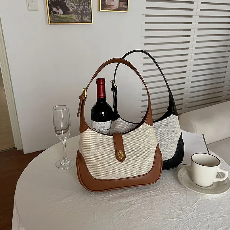 Bolsa de axilas de um ombro com lona francesa vintage emendada, estilo novo, primavera e verão, bolsa de contraste, 2022