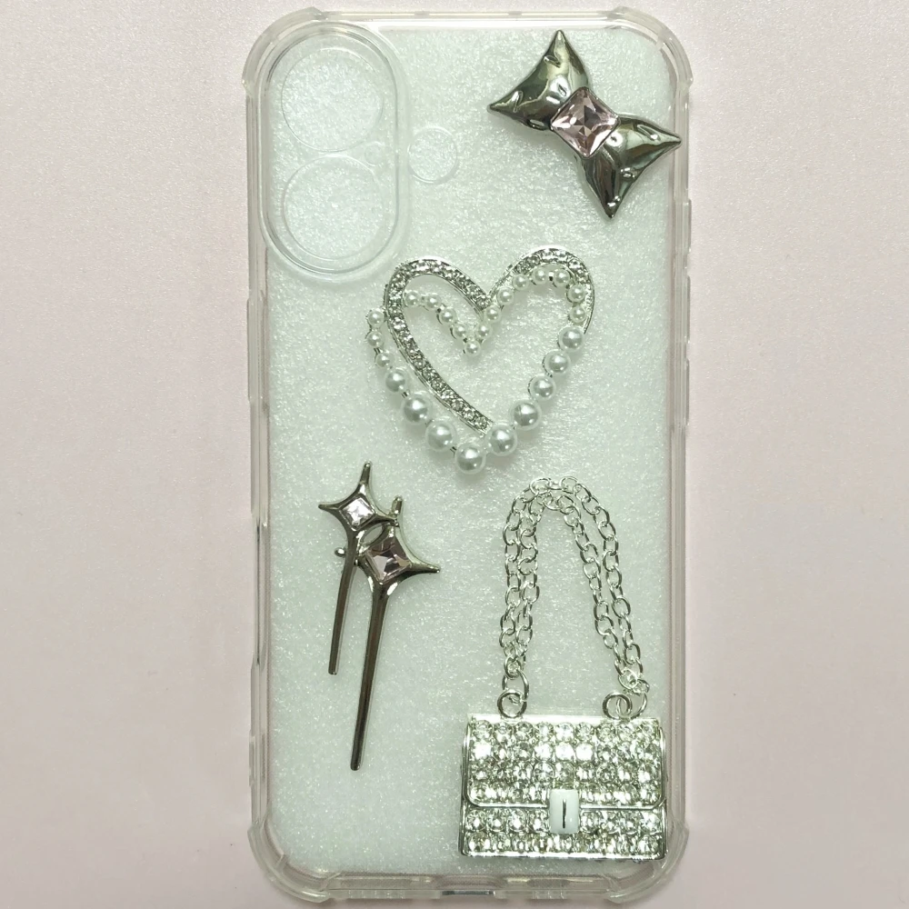 One Set Shiny Luxury Full Rhinestone Chain Bag Love Heart Bow Tie Pink Crystal Diamonds Astral Art Charms Junk Phone Case Decor