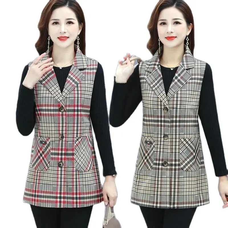 2023 NEW Fashion Plaid Vest Jacket Spring Autumn Middle-Aged Elderly Women\'s Vest Sleeveless Casual Waistcoat Jacket Tops 5XL