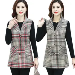 2023 NEW Fashion Plaid Vest Jacket Spring Autumn Middle-Aged Elderly Women's Vest Sleeveless Casual Waistcoat Jacket Tops 5XL