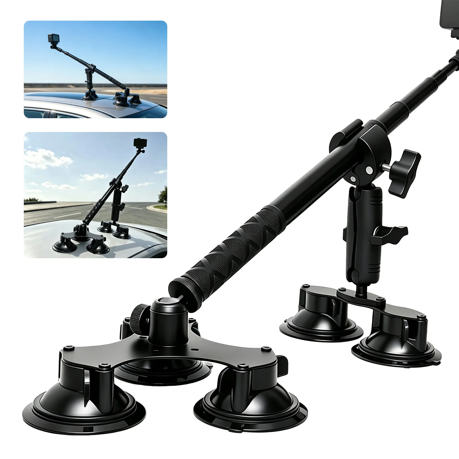 Car Roof Suction‑cup Mount, Telescopic Extension Rod for Action Cameras, Vehicle Shooting Bracket