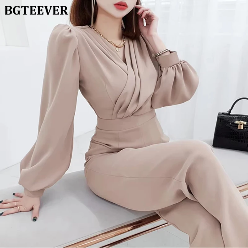 

BGTEEVER Elegant V-neck Women Jumpsuits Long Sleeve Slim Female Overalls New Spring Office Ladies Playsuits