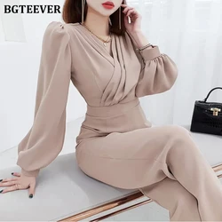 BGTEEVER Elegant V-neck Women Jumpsuits Long Sleeve Slim Female Overalls New Spring Office Ladies Playsuits