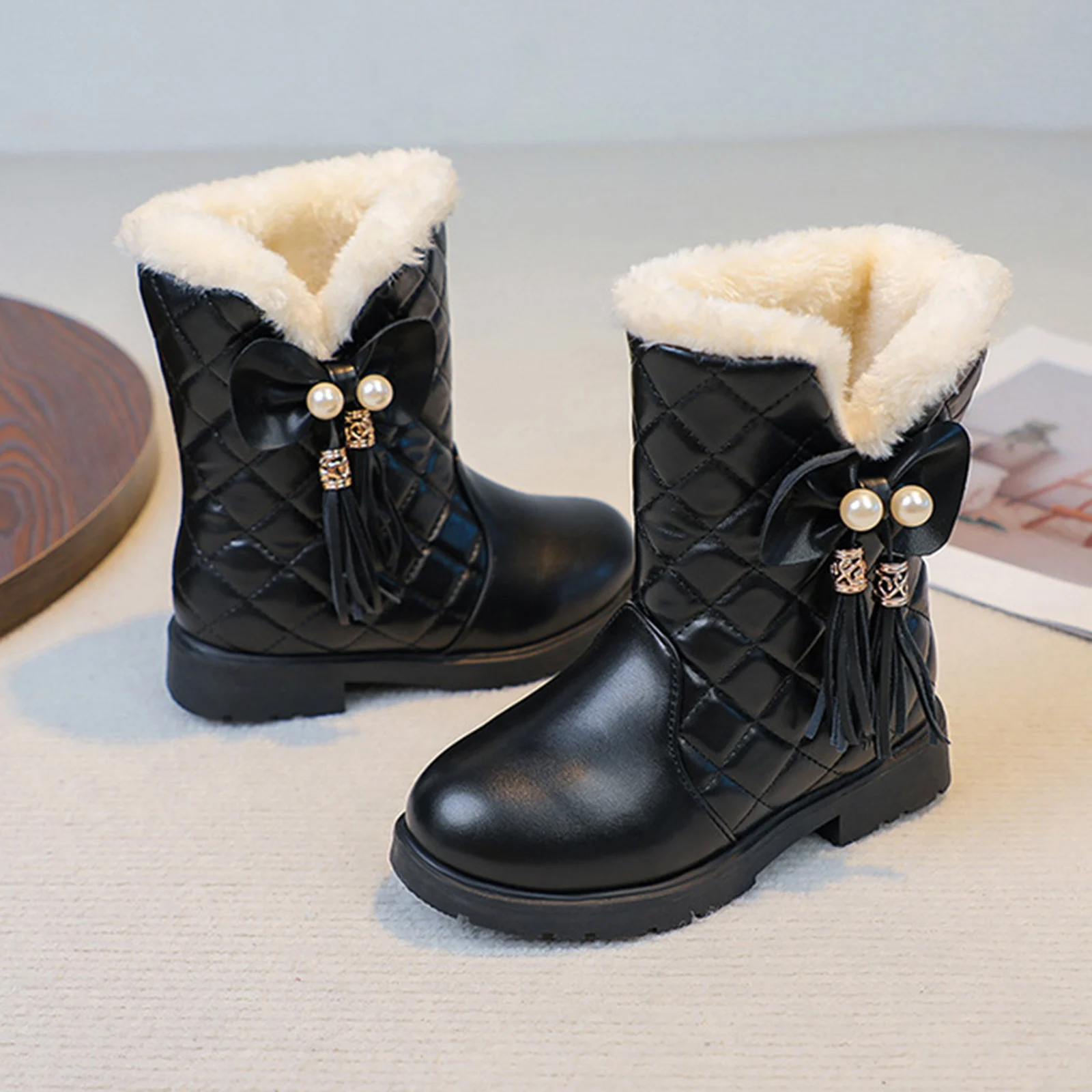 

Winter Girl Boots Fashion Versatile Long Tube Boot Comfort Casual Cotton Boots Warm Princess Girl Shoe Simple Beads Snow Boot