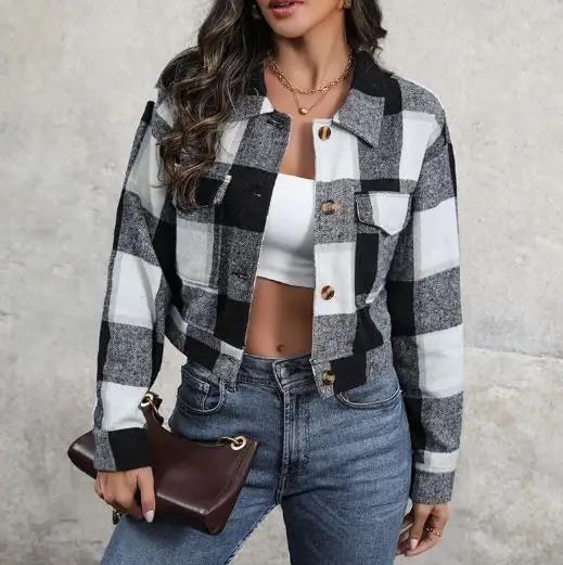 Women's Wear 2025 Autumn/Winter New Short Checkered Cardigan Retro Collar Jacket Women's Jacket