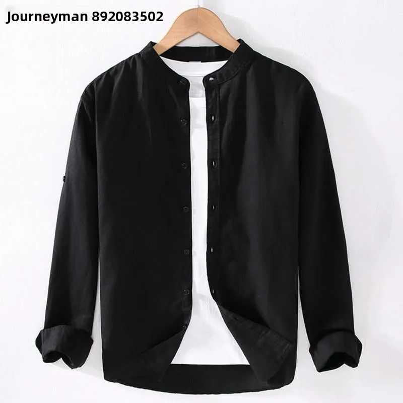 

Casual Korean Style Slim Fit Cotton Linen Shirt Anti-Wrinkle Collarless Men's Black Shirt Easy Care Spring City Walk Shirt