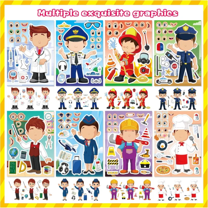 Crea un viso adesivi Giocattoli educativi Fai da te Crea il tuo pompiere Dottore Poliziotto Chef Insegnante Occupazione Post Puzzle Adesivo