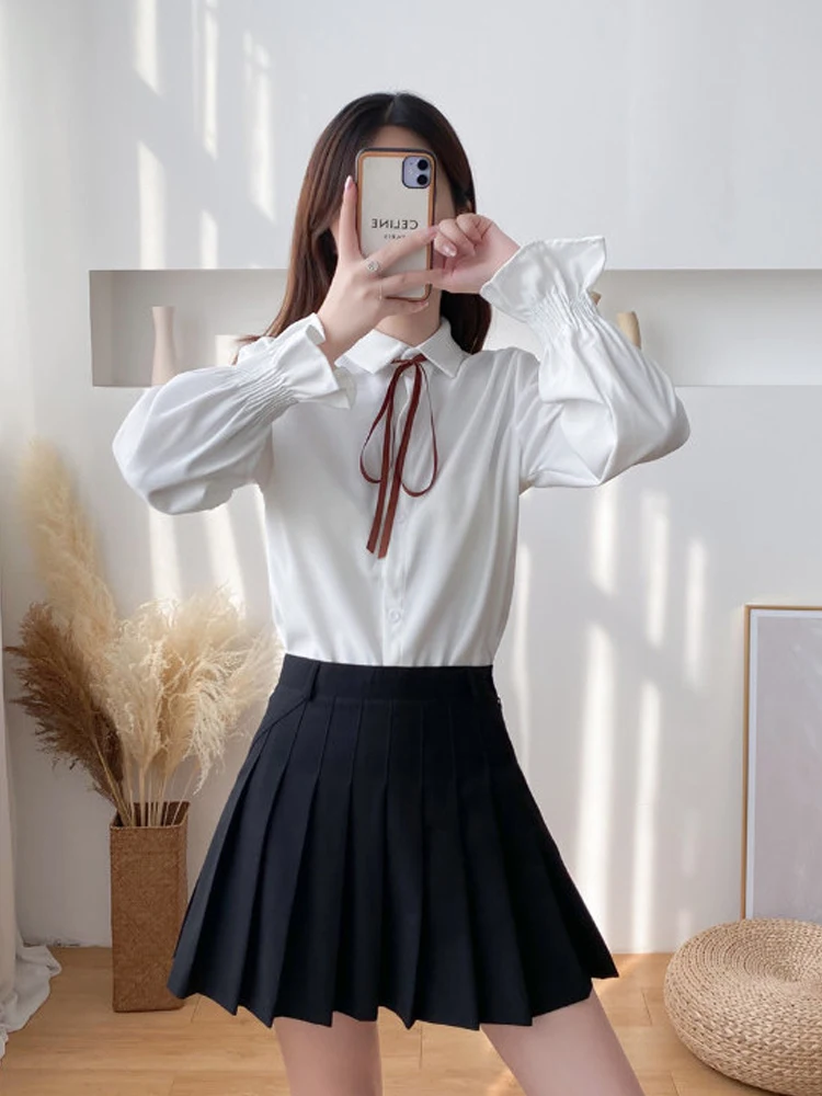 

Zadily Women's White Turn-Down Collar Blouse with Bow Tie Flared Sleeve Elegant Preppy Casual 2025 Fall JK Shirt Clothing