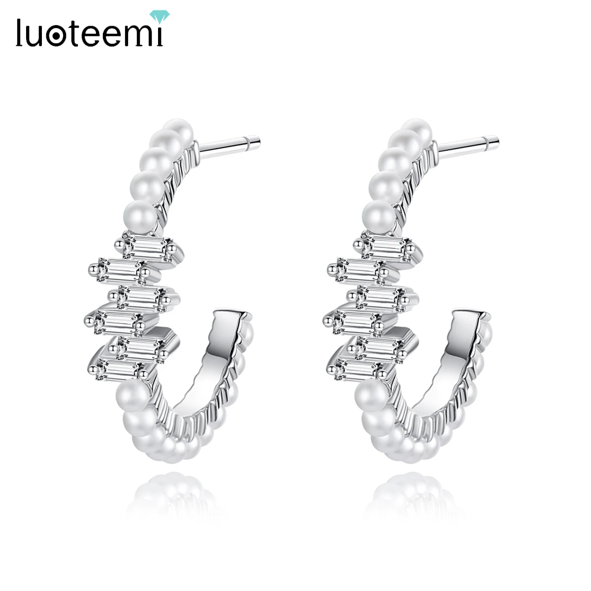 LUOTEEMI Semi-annular Stud Earrings for Women Dating Party Gifts Imitation Pearls Clear CZ Stone Fashion Female Jewelry Brincos