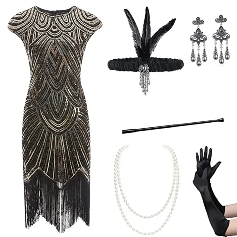 European and American High-quality Retro 1920S Sequined Dress Gatsby Dinner Fringed Dress Accessories Headgear Set