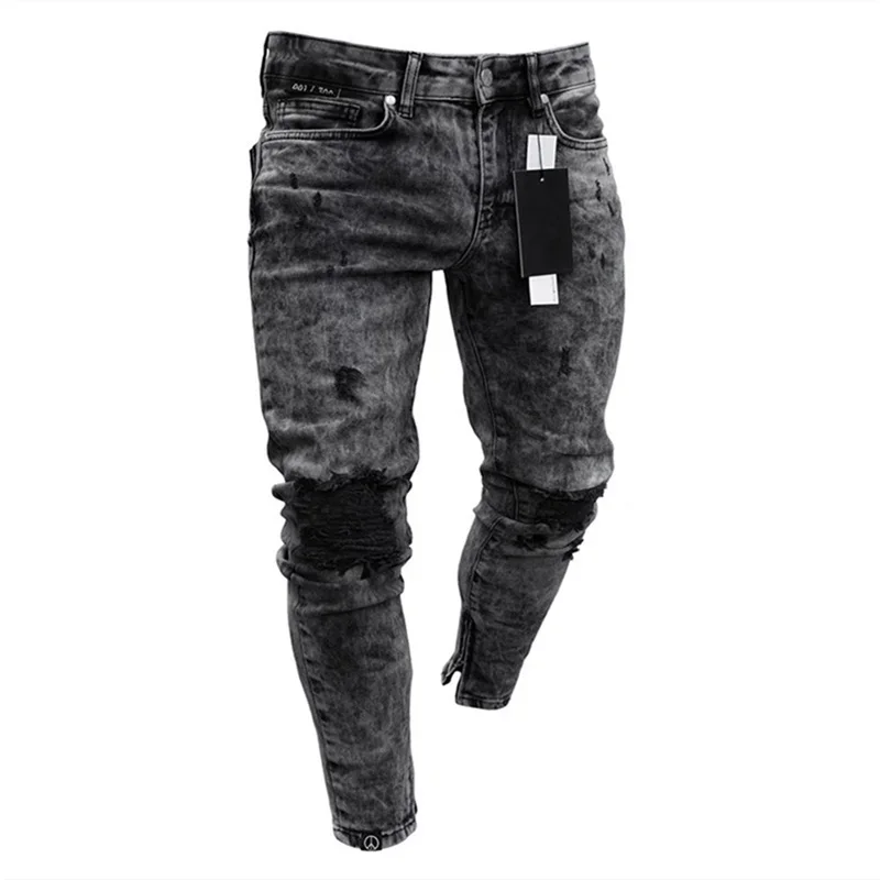 Cool Fashion Broken Holes Black Jeans Men New Button Zipper Splicing Slim Fit Pencil Trousers Junior Street Denim Pants Washable