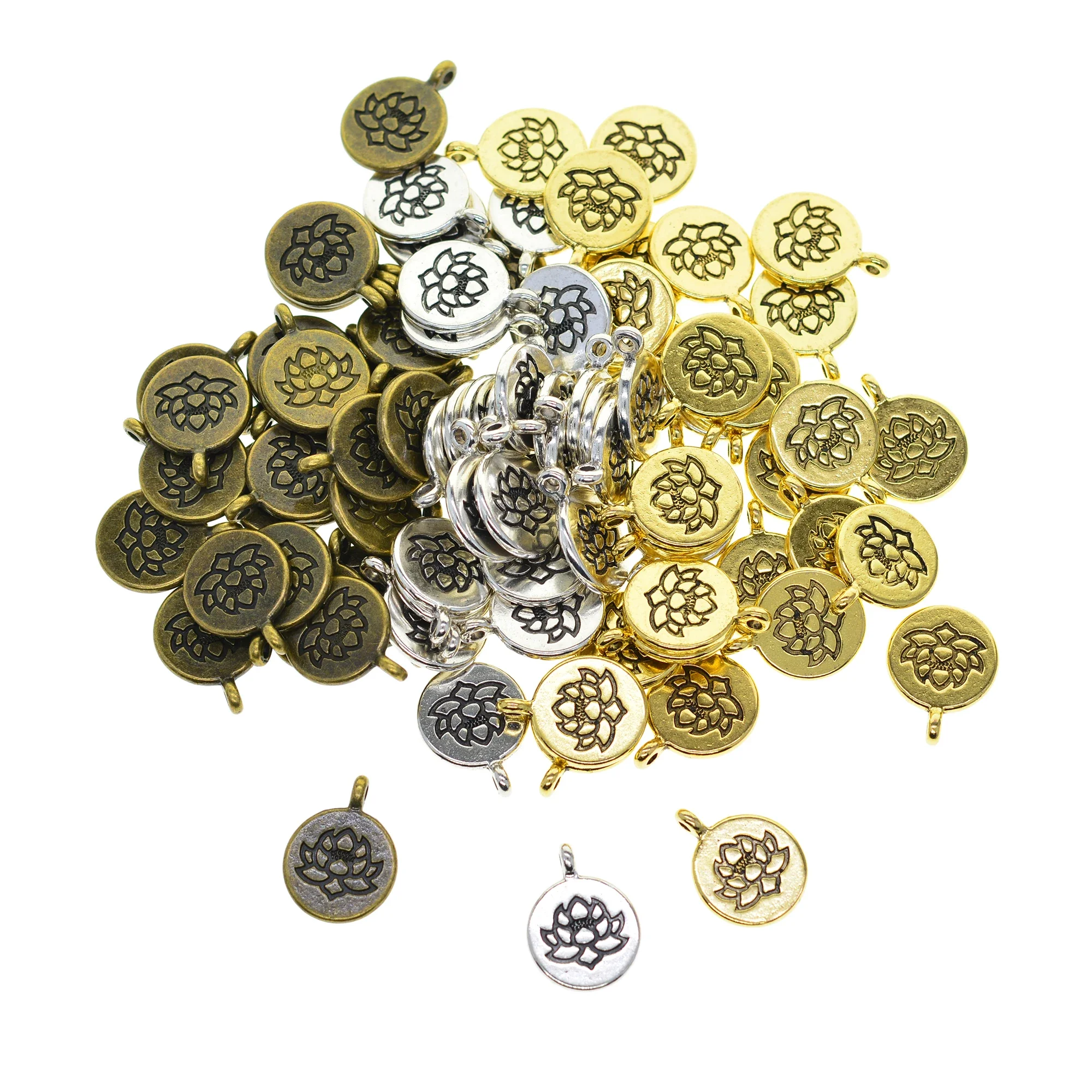 LOT of 60 Retro Silver Bronze Gold Boho Round Buddha Yoga Lotus Flower DIY Dangle Charms