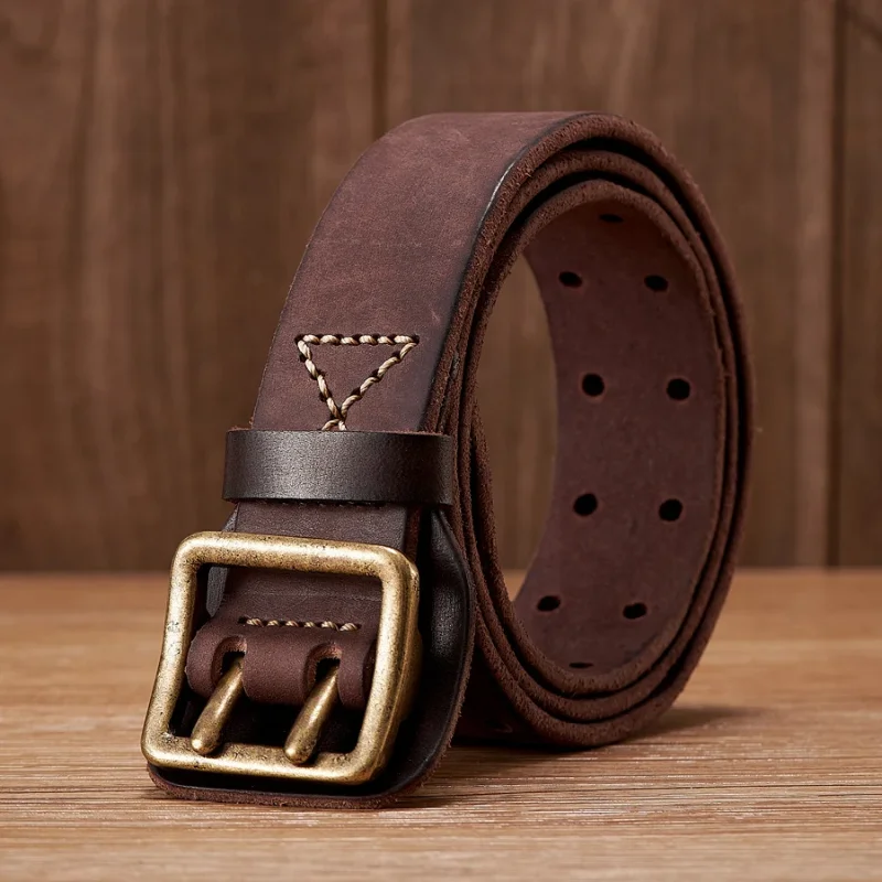 3.8cm raw cowhide belt retro men\'s wide belt men\'s cowhide real leather double claw buckle strap jeans belt