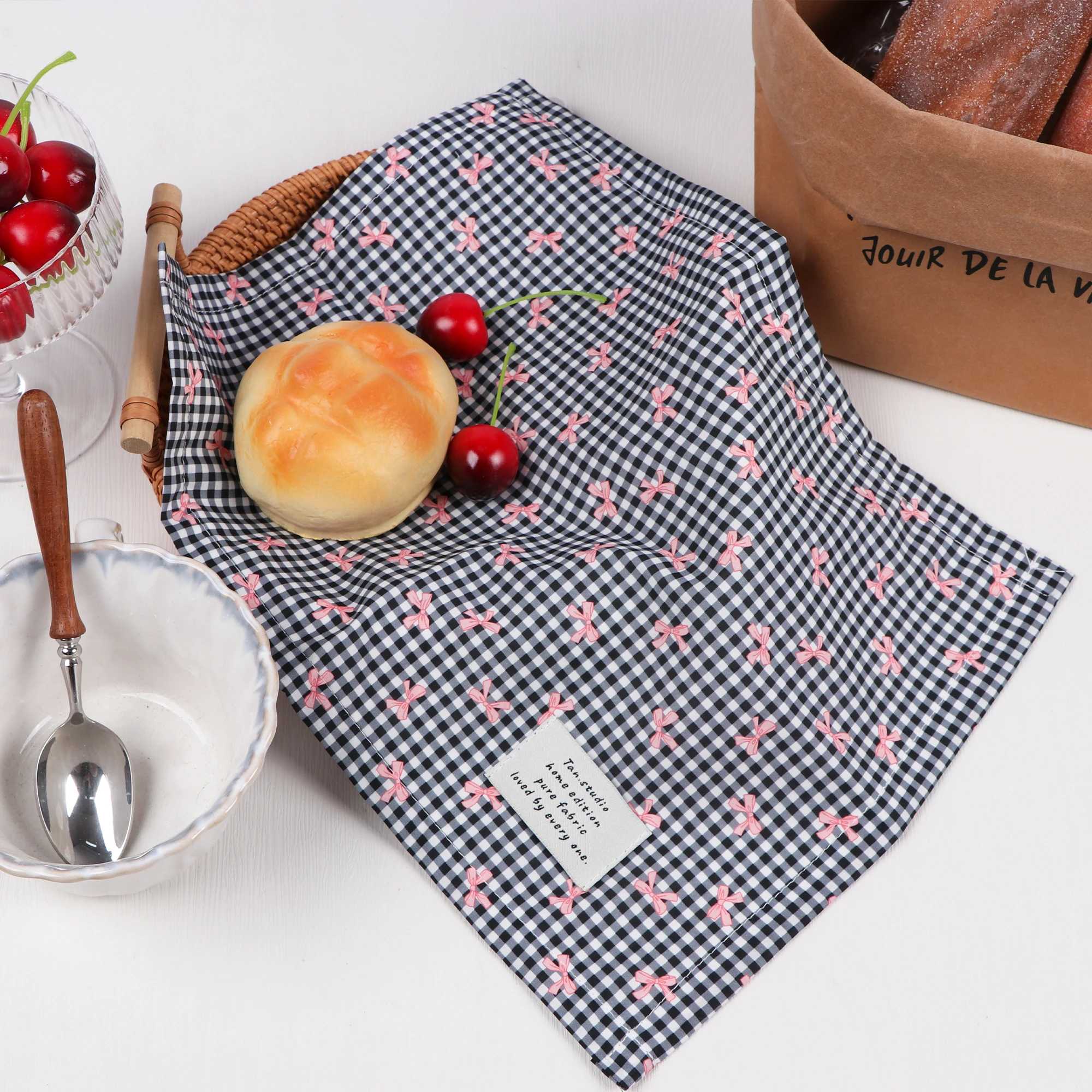 1PC Cute Plaid Bow Printed Napkins Double-Layer Cotton Tabletop Insulation Mat Shooting Background Fabric