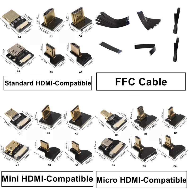 FPV 20Pin HDMI Compatible con tipo A C D macho arriba y abajo en ángulo Micro mini-hdmi macho HDTV FPC Cable plano multicóptero fotografía aérea