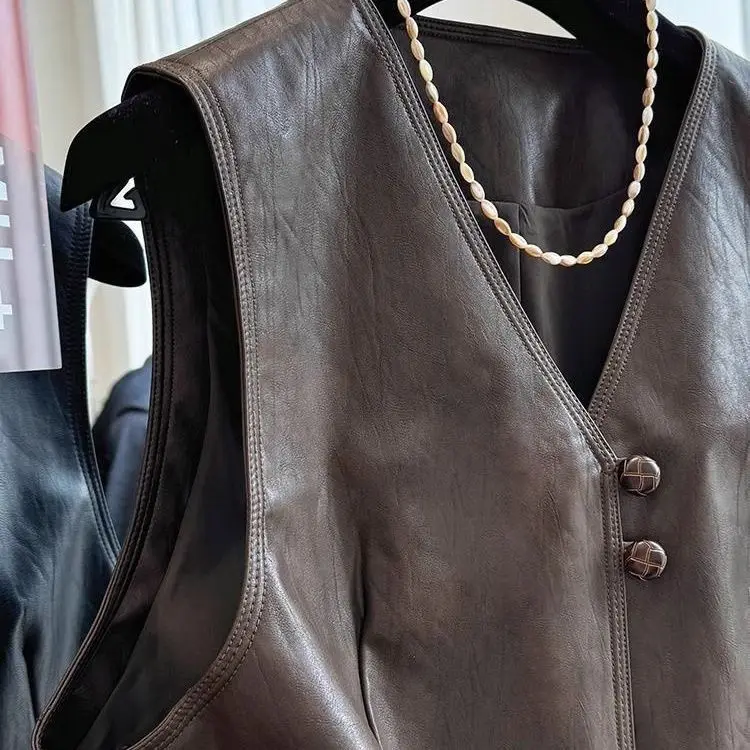 2026 Spring Autumn Retro Sleeveless PU Leather Vest Women's Outerwear Classic Style Fashionable And Elegant Money-Saving Trend