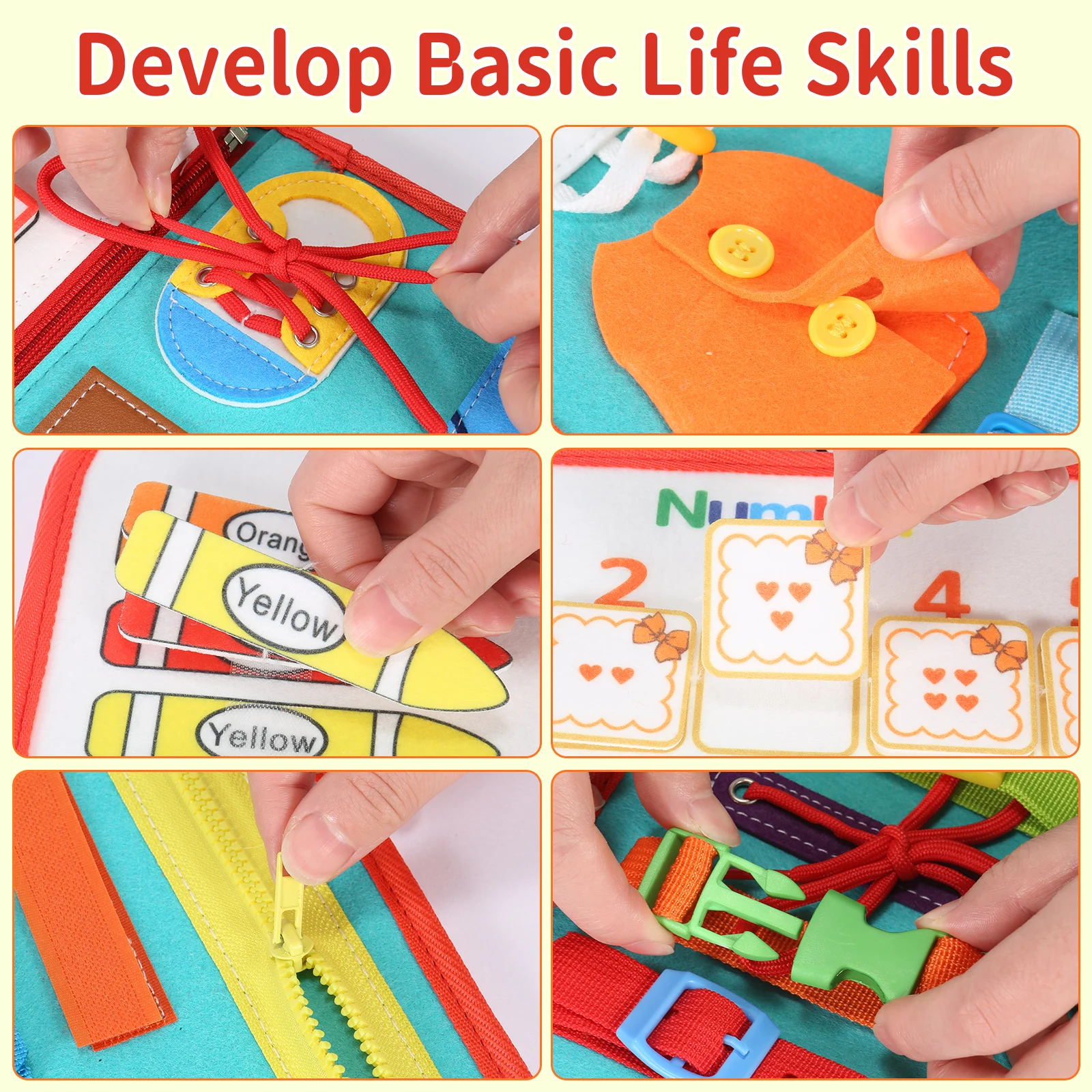 TUNJILOOL Montessori Toddlers Busy Board 3D Baby Felt Cloth Book Early Educational Math Toys Shape Color Match Board Life Skill