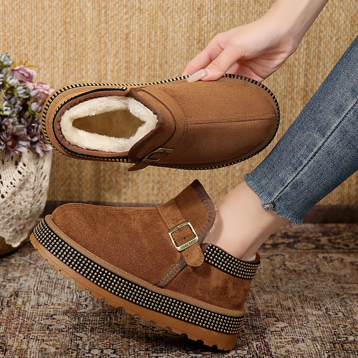 Trend Women Snow Boots Thickened Fluff Boots Rubber Sole Casual Solid Color Ankle Boots Women Round Toe Platform Shoes for Women