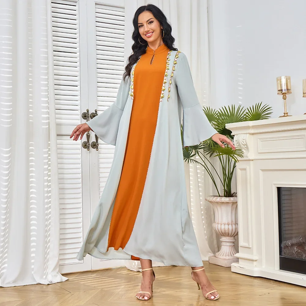 UNI Moda Gonna lunga da donna musulmana Dubai Abaya Abito da sera con perline per unghie a contrasto Abito mediorientale Abito arabo Türkiye