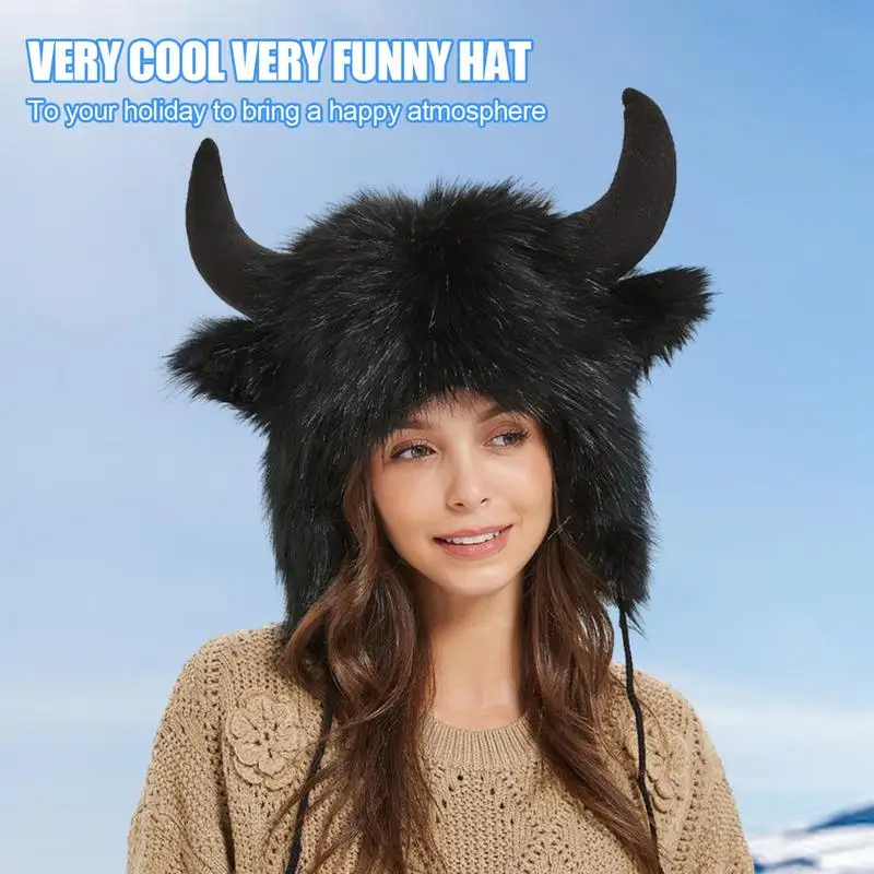 Bison Hat Plush Earflap Hat with Horns Fluffy Ear Headwear for Halloween Party Cosplay Props Winter Furry Plush Snow Trapper Hat