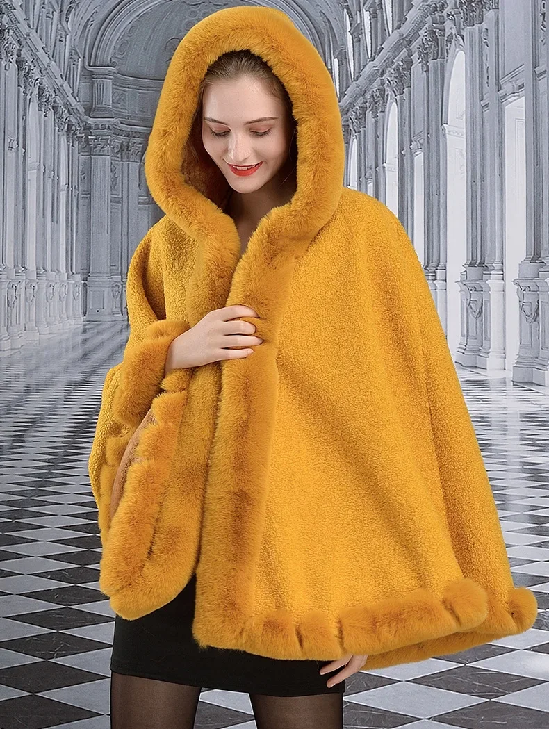 Manteau Poncho avec Chapeau pour Femme, Col en Fourrure de Lapin, Grand Pendule, Outstreet, Chaud, Velours Granulaire, Châle Épais, Hiver