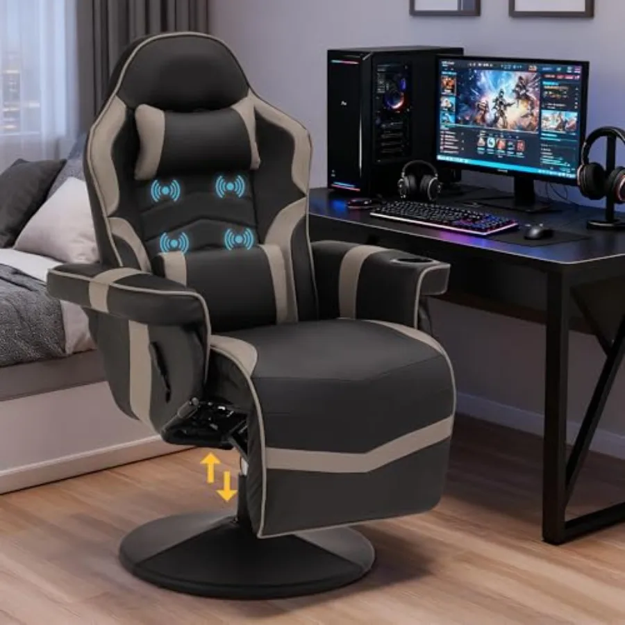 Game Reclining Chair for Adult: PU Leather, Gray, Adjustable Height, Built-in Massage, Extendable Footrest, Lumbar Support, Hig