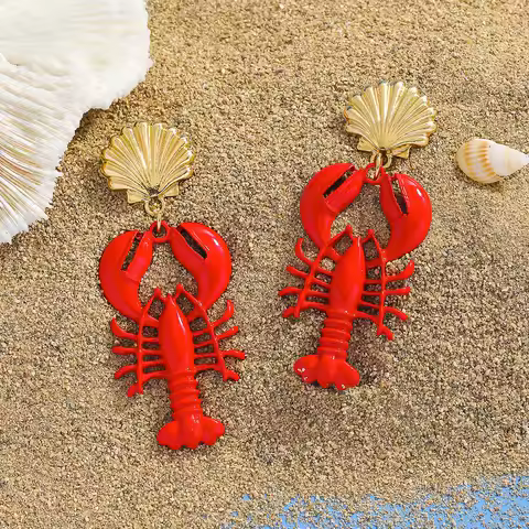 Vedawas Funny Shell Red Lobster Dangle Earrings For Women Creative Summer Beach Statement Jewelry Special Accessories Gift