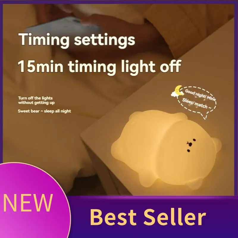 

ABHI-Silicone Lying Flat Bear LED Night Light Cute Animal Kids Night Lamp Touch Control USB Rechargeable Lamps For Kid