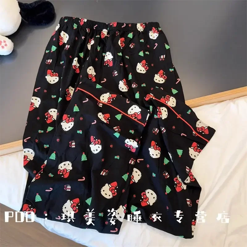 Hello Kitty Black Pajamas for Women Spring and Autumn New Style Long Sleeves Trousers Loose Comfortable Home Wear Kawaii Gift