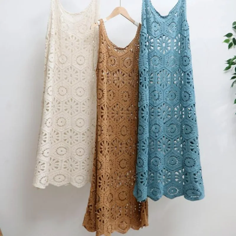 2025 nouvelle robe femmes tricot dentelle longue évider Sexy gilet col rond creux été Style hauts t-shirts ample basique bleu