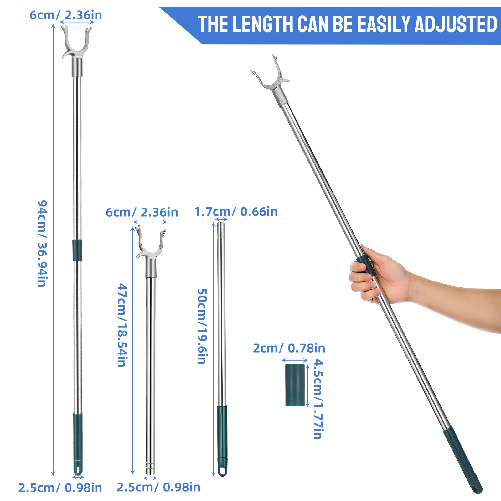 Stainless Steel Clothesline Pole Adjustable Length Fork Head Clothes Reach Pole Balcony Garment Drying Rod Outdoor Laundry Stick
