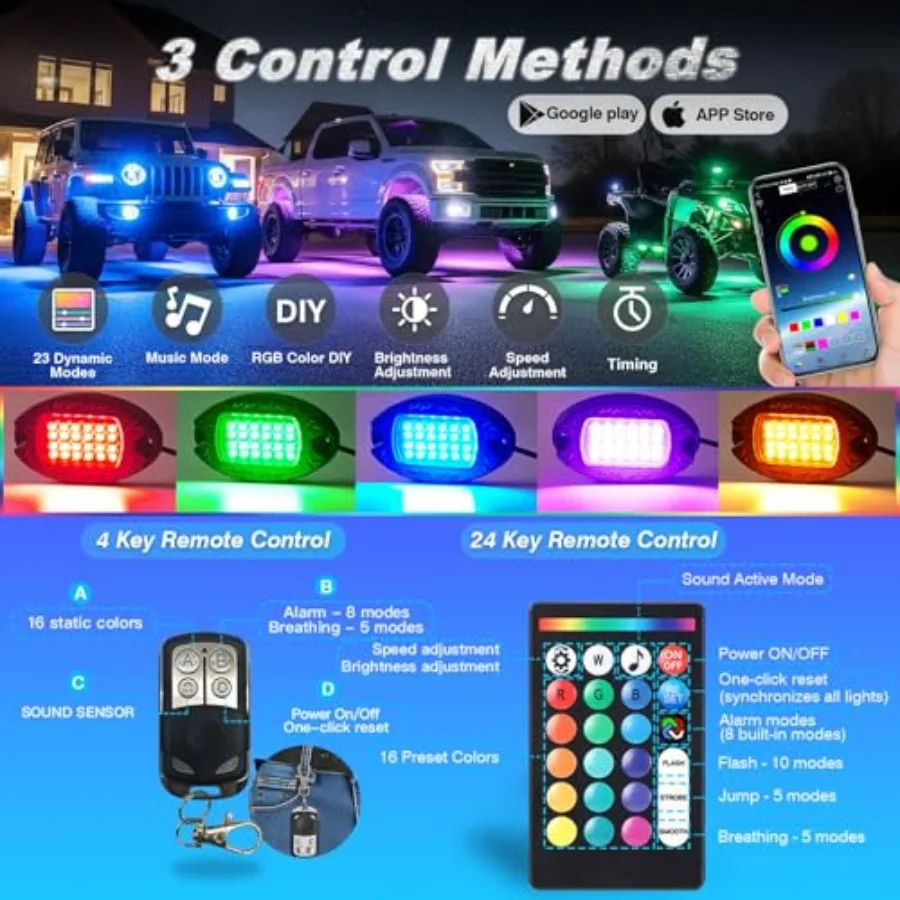 RGB LED Rock Lights Full Kit for Jeep Trucks UTV ATV RZR Golf Cart Offroad SXS Side by Side with APP/RF Remote Waterproof Multi