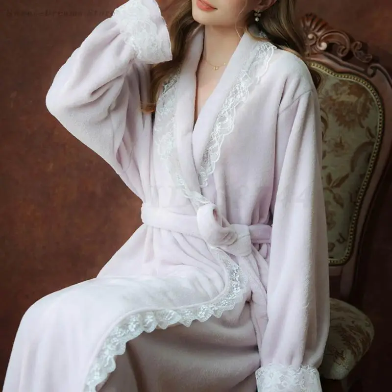 

Милая одежда для сна во французском стиле суда, халат-кимоно, зимнее утепленное фланелевое женское длинное платье из кораллового флиса, домашняя одежда, домашняя одежда