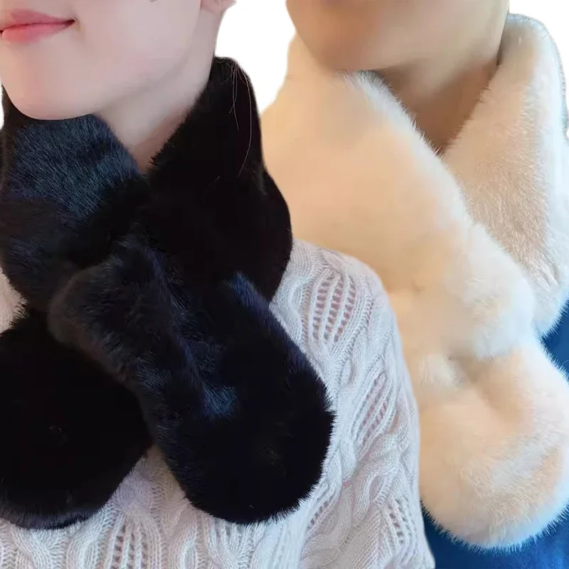 Winter Thicken Rabbit Fur Collar Scarf Women Keep Warm Fur Cross Winter Scarf Autumn Winter Fake Fur Plush Neck Cross Scarf