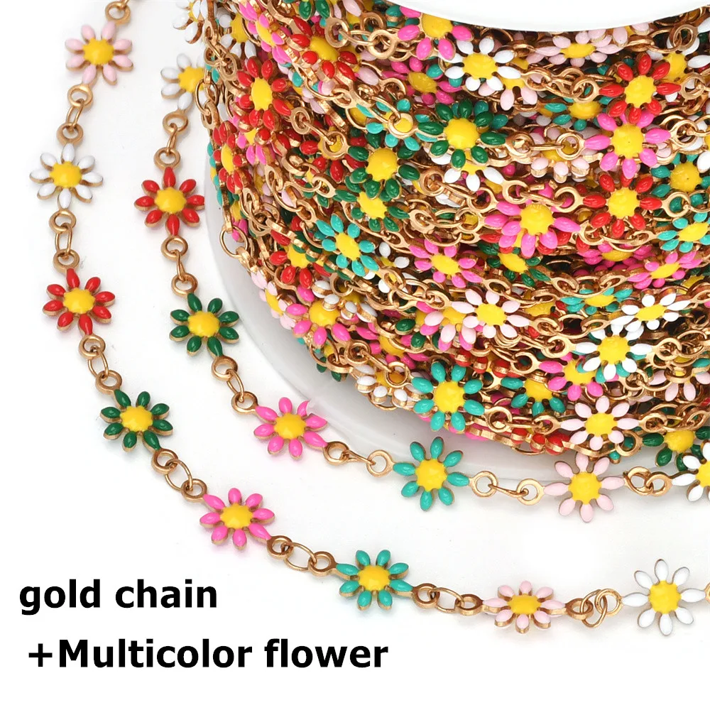 1/10 Meter Edelstahl-Emaille-Kette mit niedlichen Gänseblümchen, vergoldete Gliederkette für DIY-Armbänder, Halsketten und Schmuckzubehör für Frauen – Detail 6