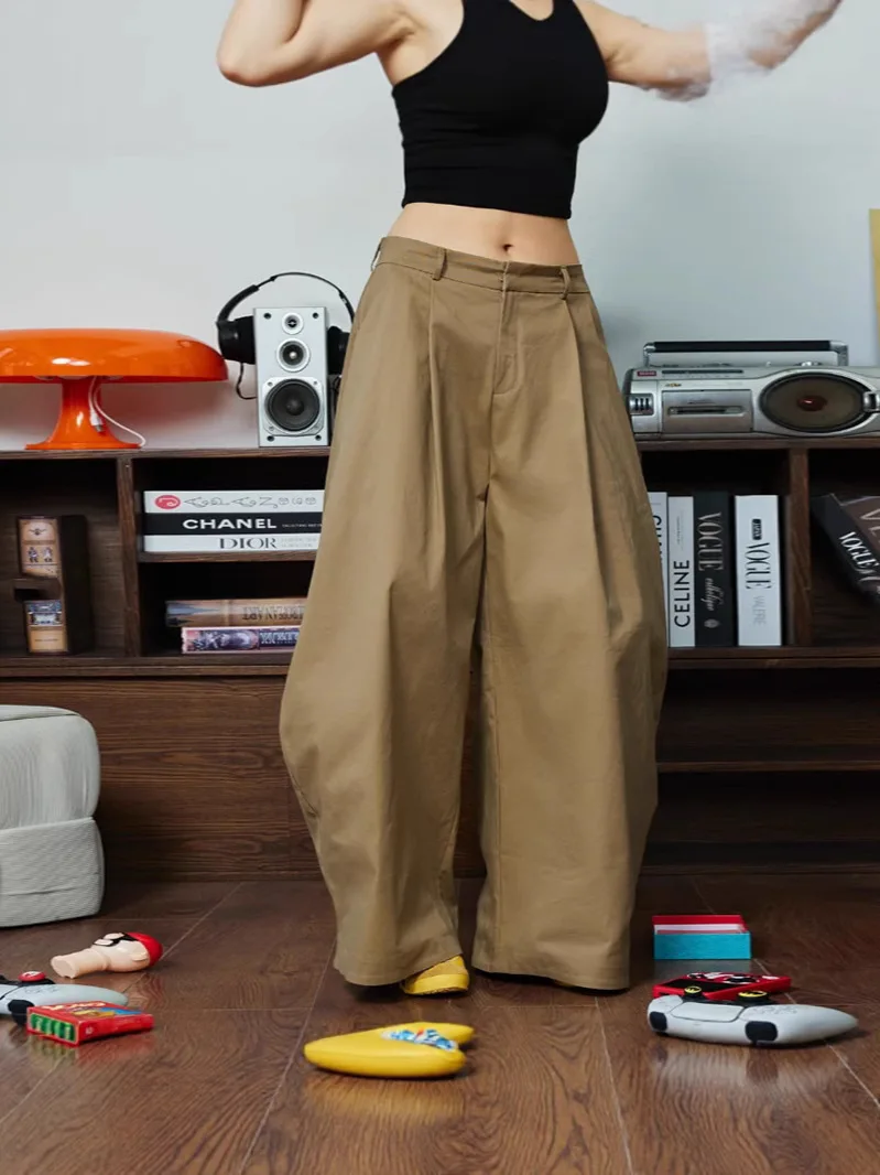 Khaki Plissierte Weite Ballonhose Unisex Vintage Baggy Hose Lässige Streetwear Relaxed Fit Hose – Detail 3