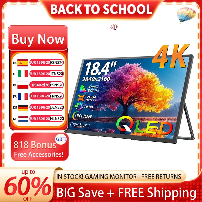 UPERFECT 18,4 Zoll 4K QLED tragbarer Monitor Gaming 3840 * 2160 Computeranzeige FreeSync HDR Ultra-Slim Augenpflege Reiseverlängerungsbildschirm für PS5 / 4 Schalter Laptop PC Mac Xbox mit VESA